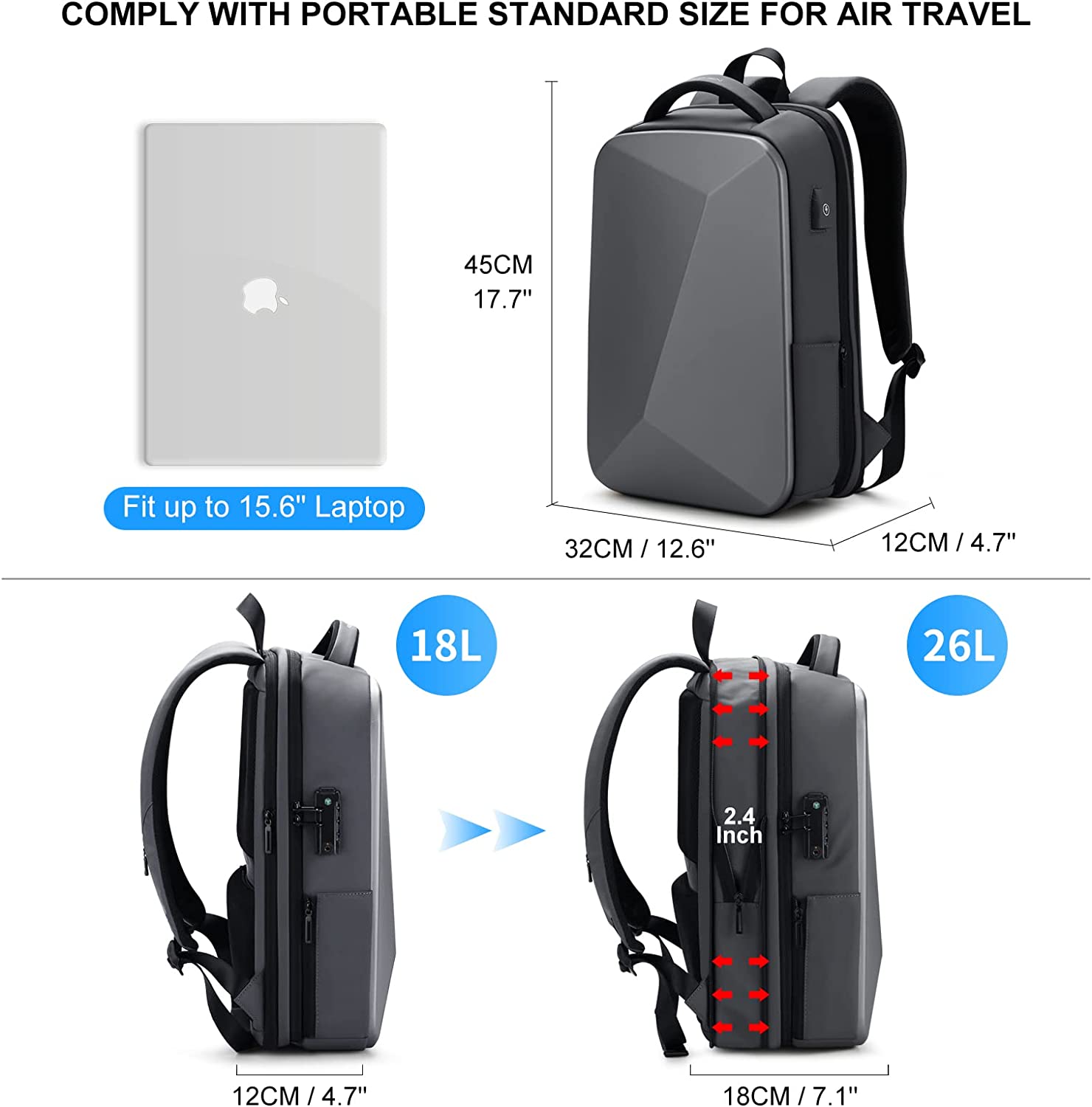 FENRUIEN Anti Theft Laptop Backpack for Men, Expandable Waterproof Hardshell Backpack with USB Port, Black Business Travel Computer Bag 15.6 Inch - Image 2